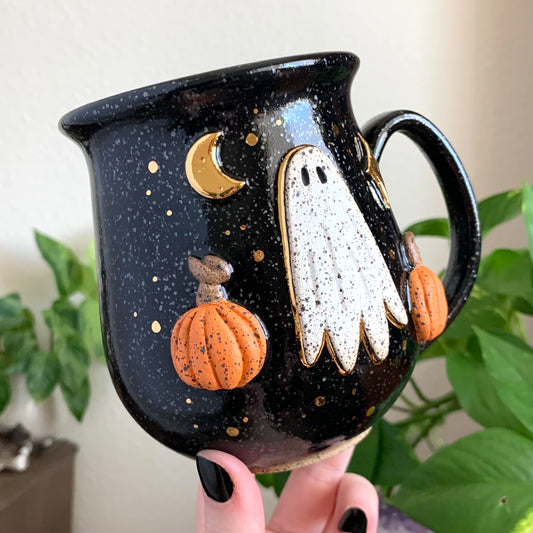 MADE-TO-ORDER • Pumpkin Ghost Mug • Raven Glaze *READ FULL DETAILS*