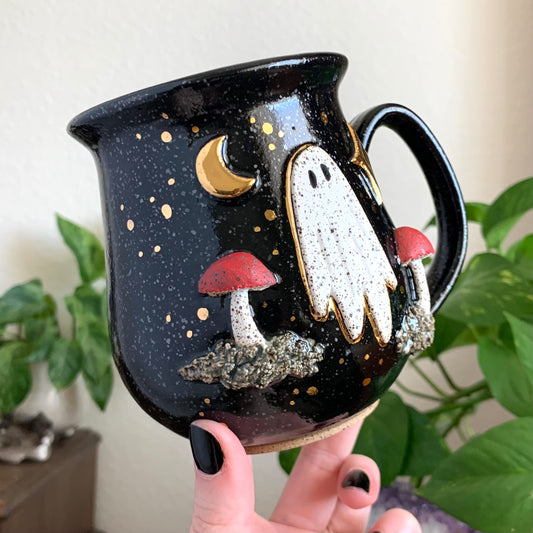 MADE-TO-ORDER • Red Mushroom Ghost Mug • Raven Glaze *READ FULL DETAILS*