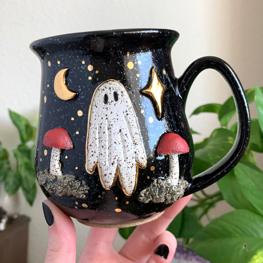 MADE-TO-ORDER • Red Mushroom Ghost Mug • Raven Glaze *READ FULL DETAILS*