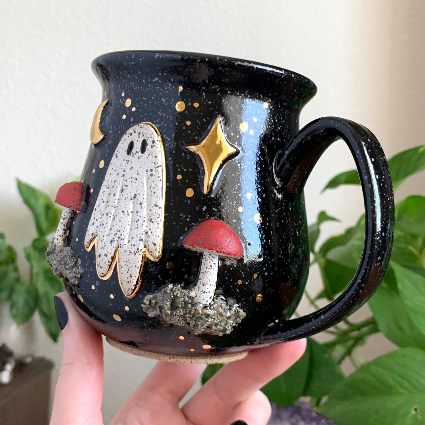 MADE-TO-ORDER • Red Mushroom Ghost Mug • Raven Glaze *READ FULL DETAILS*